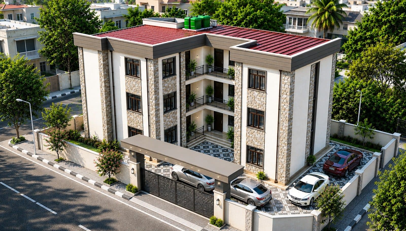 Aerial 3D visualization of a gated multi-storey apartment building with parking court