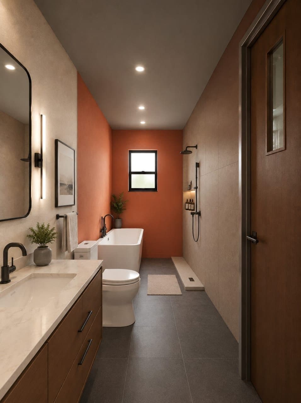 Interior 3D visualization of a modern bathroom with terracotta accent wall