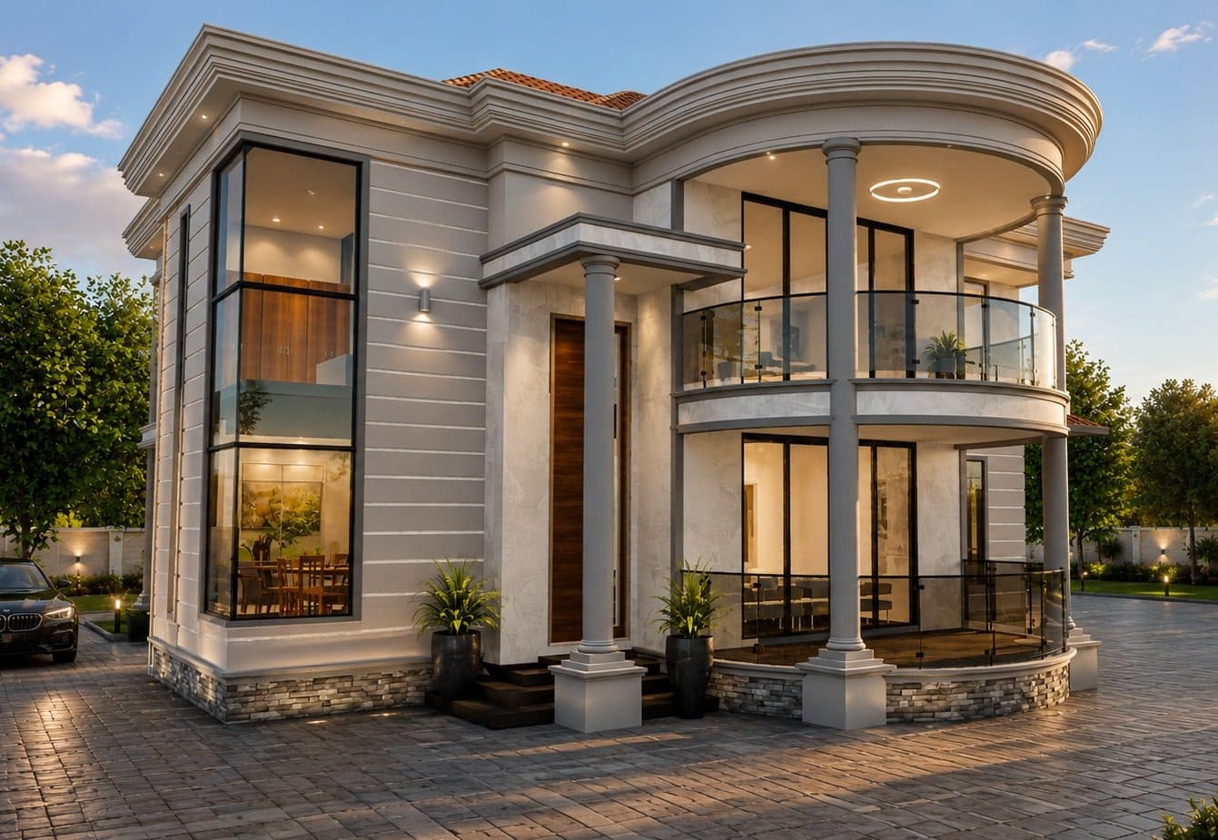 3D visualization of a two-storey residential villa with curved colonnaded balcony